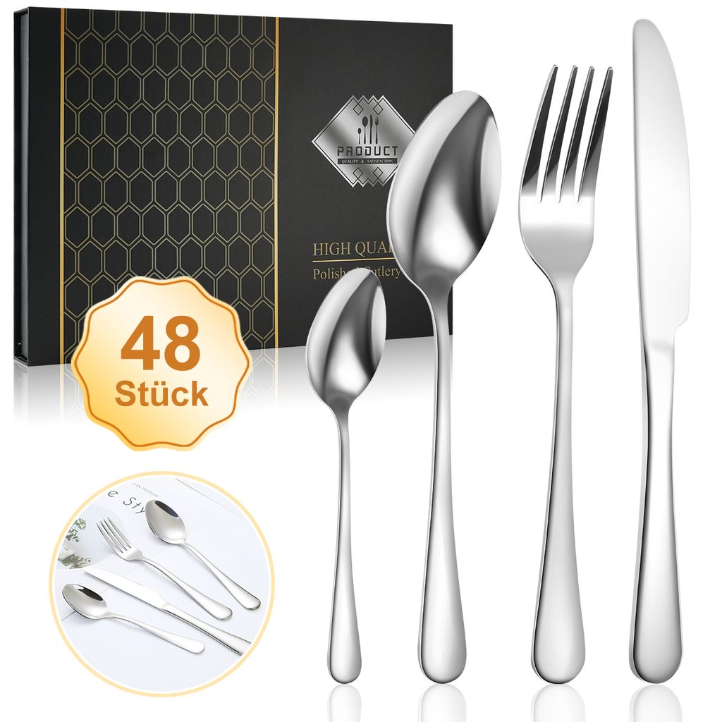 7MAGIC Besteck Set 12 Personen, 48 teilig Edelstahl Besteckset, Essbesteck Set mit Messer Gabel Löffel, Hochwertiges Edelstahlbesteck, Silber