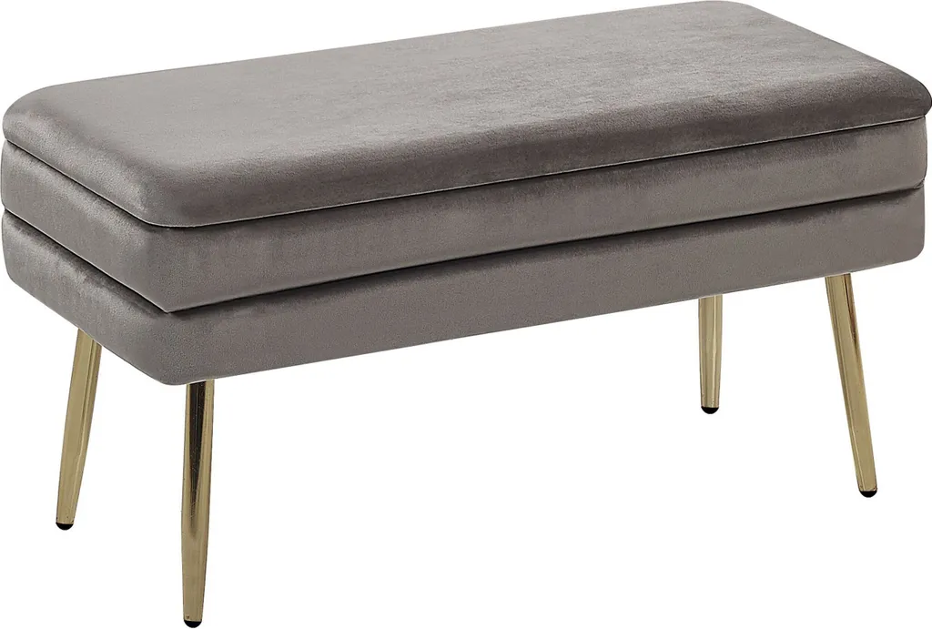Banc coffre gris avec assise capitonnée et pieds métalliques dorés chic