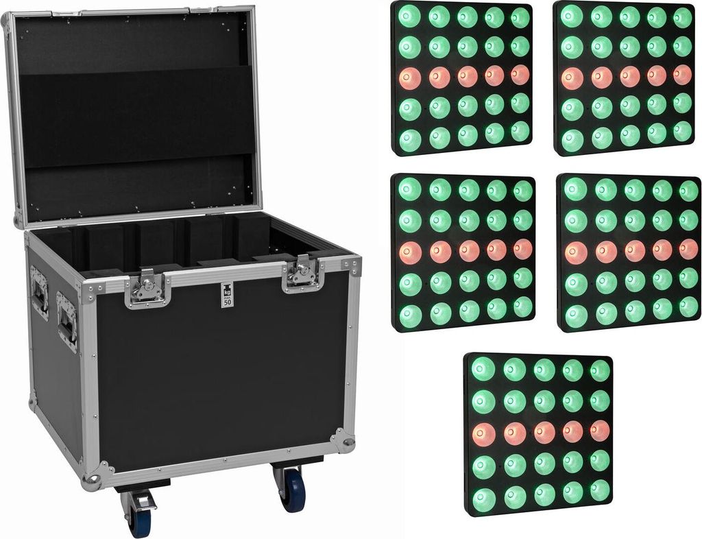 EUROLITE Set 4x LED Pixel Matrix Panel 5x5 RGB/WW + Flightcase mit Rollen