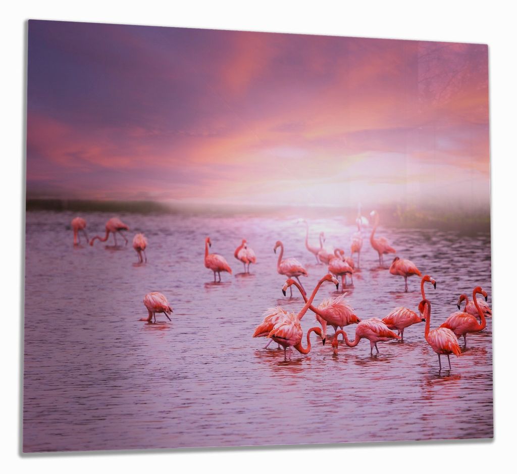 Wallario Herdabdeckplatte aus Glas, Größe 60 x 52 cm 1-teilig, Motiv Rosa Flamingos bei Sonnenuntergang