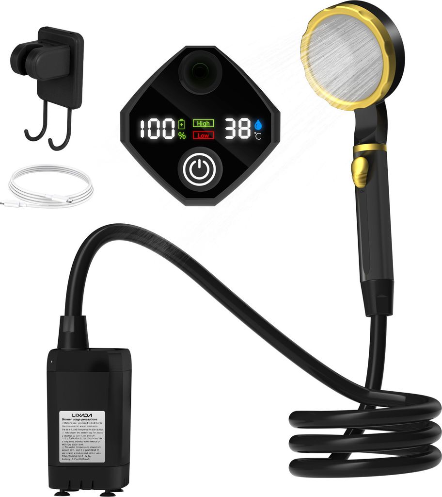 Campingdusche Tragbare, Camping Dusche mit mit Pumpe und Temperaturanzeige, Camping Dusche Outdoor Set mit Duschkopf für Garten, Autowaschen, Strand,