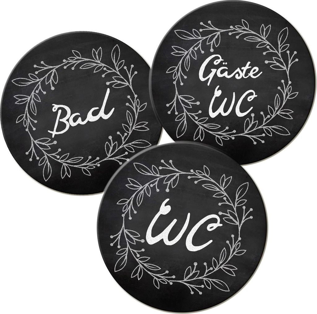 Badezimmer Türschild schwarz Set „Bad“ + „Gäste WC“ + „WC“in Tafelkreide-Optik (15,5 cm) mit Klebepads