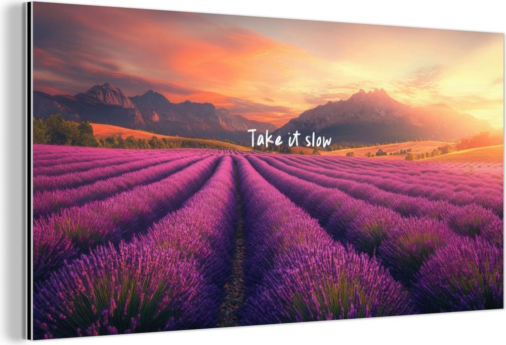 MuchoWow Wanddekoration Metall Metallbild Wandkunst 40x20 cm Lavendelfeld - Zitat - Sonnenuntergang MuchoWow Aluminium Gemälde - Bild - Aluminium