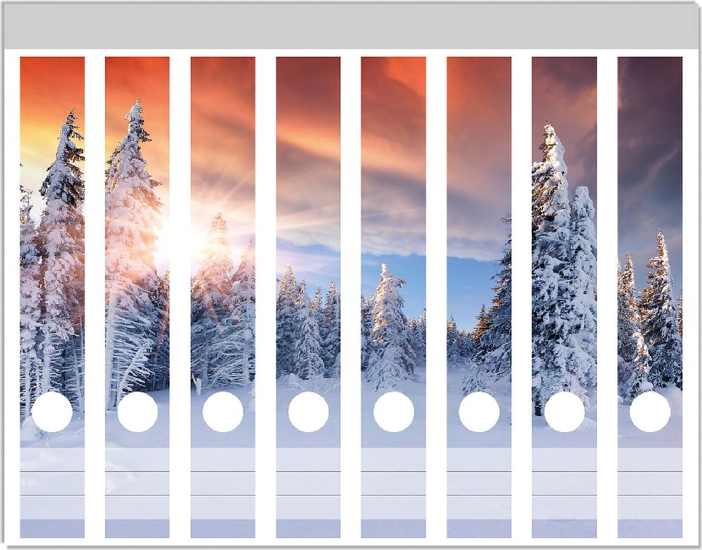 Wallario Ordnerrücken Sticker, selbstklebend für schmale Ordner, 8 Stück, Motiv Sonnenaufgang über einen Winterwald
