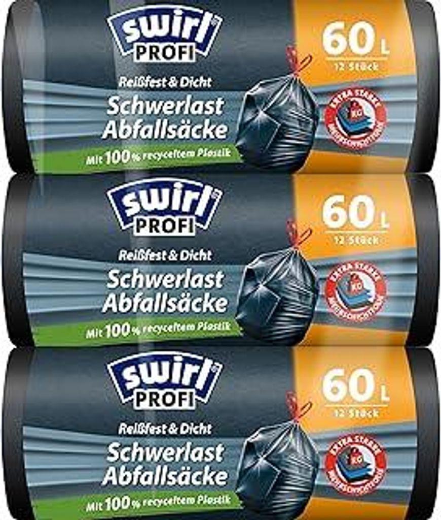 Swirl Schwerlast-Müllsäcke 60 l (3 x 12 Beutel), Mülltüten mit praktischem Zugband, tropf- und durchstoßsichere Müllbeutel für schweren Abfa...