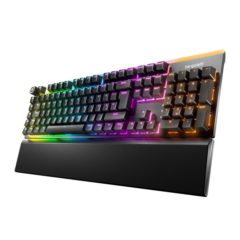 A be quiet! mechanical keyboard with RGB lighting and a wrist rest, presented on a white background.