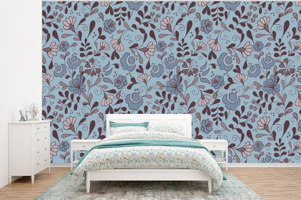 MuchoWow Fototapete für Wohnzimmer oder Schlafzimmer Wandtapete Vinyl Motivtapete Muster - Blume - Grau - Blau - 320x240 cm - Tapeten