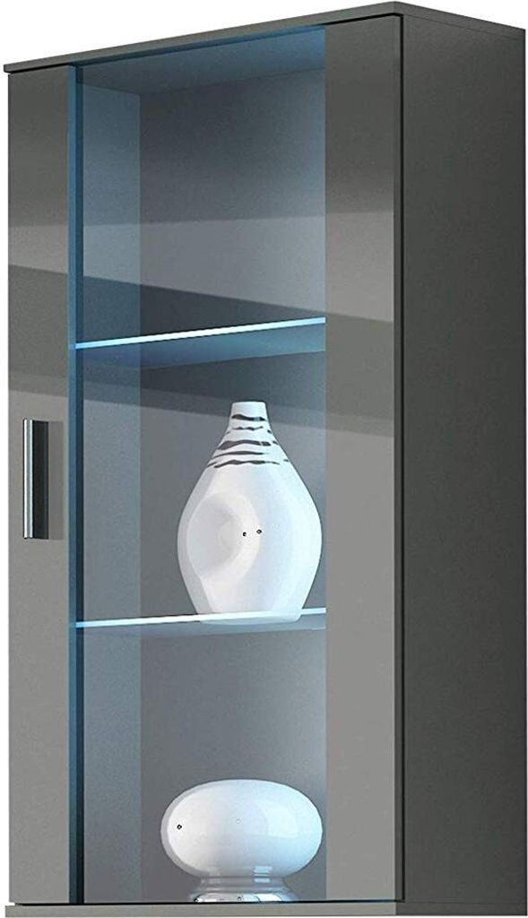 Furniture24 Hängevitrine SOHO Hängeschrank Wandvitrine mit Blauer LED Beleuchtung Grau/Grau Hochglanz