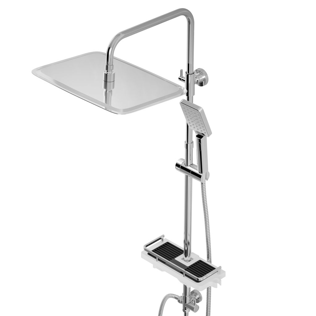 JOHO Regendusche Duschsystem mit Duschablage, Edelstahl Duschset ohne Armatur, Überkopfbrauseset mit Duschstange, Kopfbrause 35x25cm, Chrom
