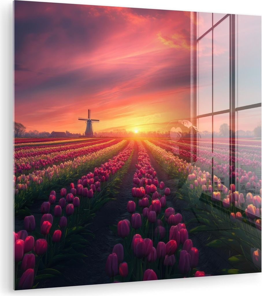 MuchoWow Glasbilder - Bilder auf Wandbild - Foto auf Glas Windmühle - Sonnenuntergang - Landschaft 20x20 cm Wanddekoration aus Glas - Acrylglasbil...