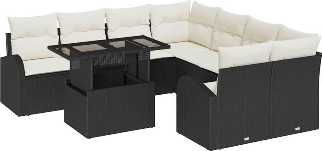 vidaXL Garten-Sofa-Set mit Kissen mit Kissen 9 pcs Schwarz Poly Rattan