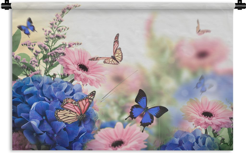 MuchoWow Wandteppich Wandbehang Schmetterlinge - Blumen - Hortensien - Insekten 150x100 cm Tapisserie Dekoration Wandtuch - Waschbar - Tapisserie...