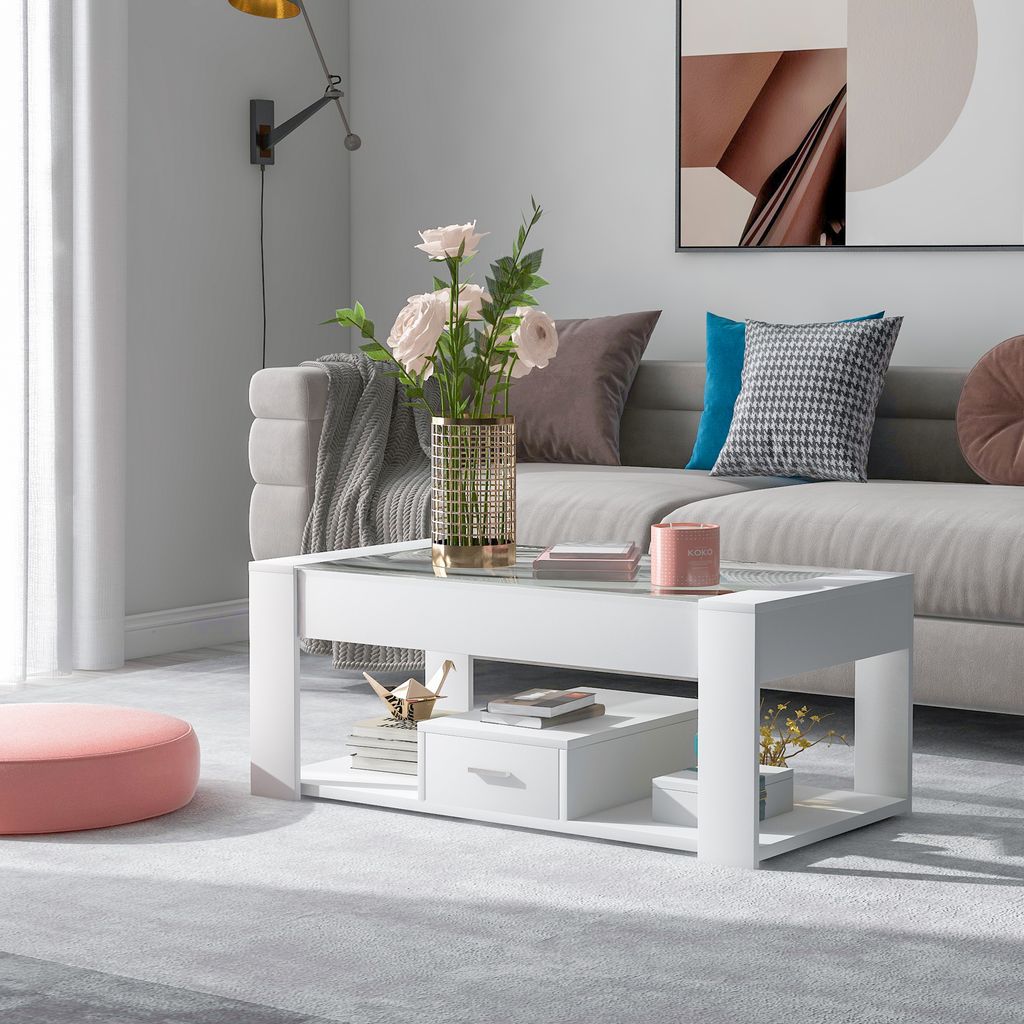 okwish Couchtisch 100 x 50 x 40cm mit Glasplatte, Schließfächern und Stauraum, Weiss