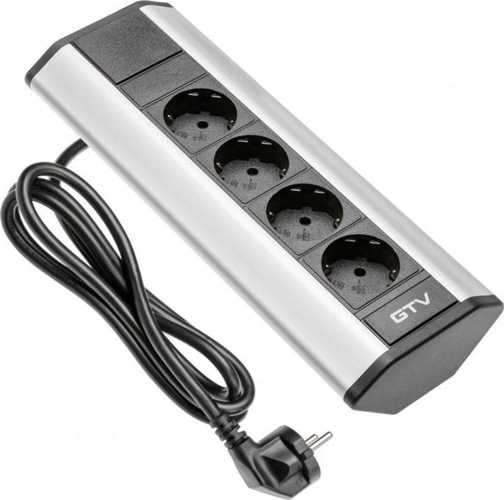 A silver and black power strip with four outlets and a black cord with a plug.