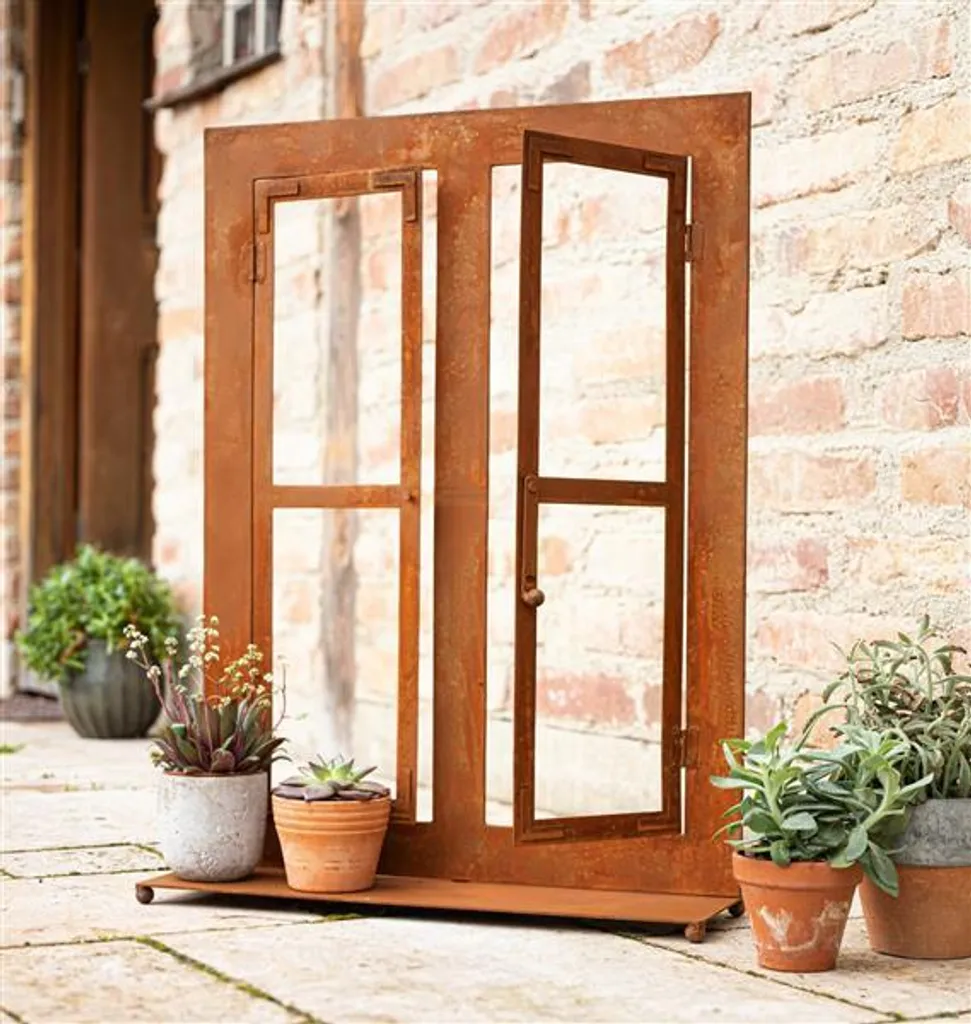 Fenêtre décorative murale pour jardin et terrasse en métal effet rouille
