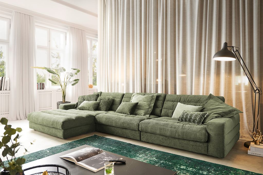 KAWOLA Sofa LANA XL Ecksofa Cord olivgrün Recamiere links