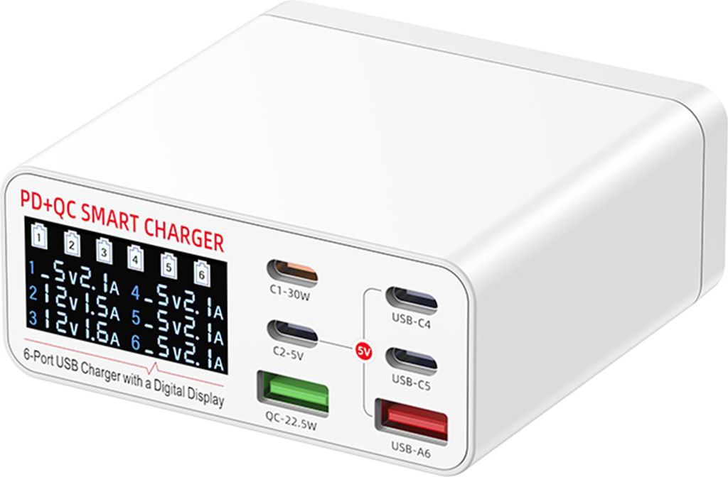 Multifunktionales 6-Port-Desktop-Ladegerät mit intelligenter Digitalanzeige für mehrere Geräte US-Stecker