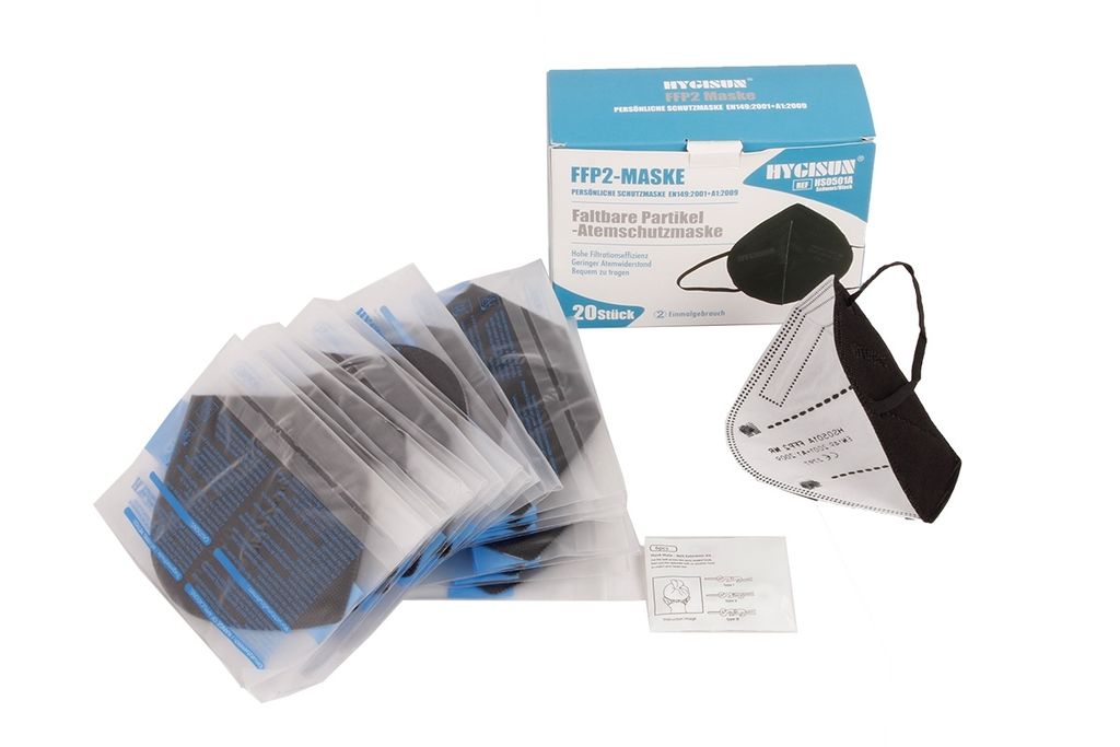 Axis Line 20 x FFP2 Maske schwarz Sparpack 1 Stück im Beutel verpackt + 6 Nackenhaken