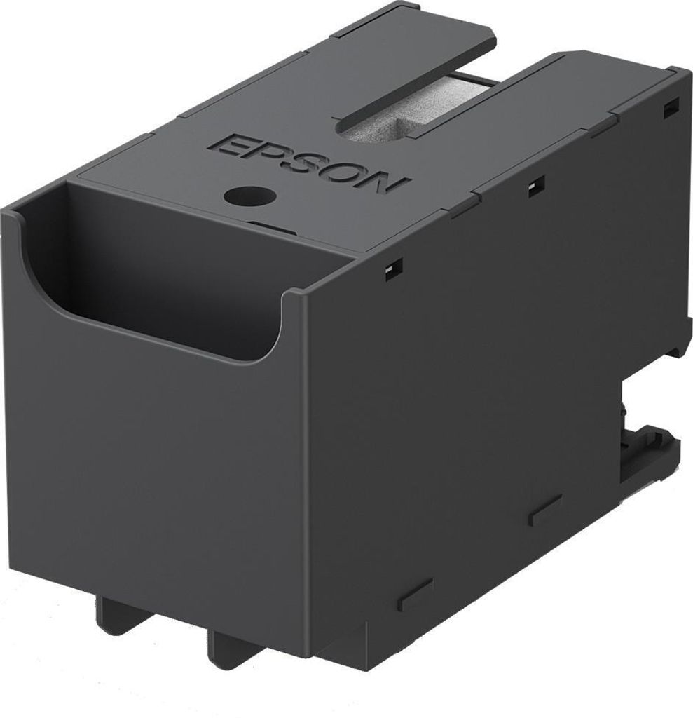 A black Epson ink maintenance box is shown from a three-quarter angle against a white background.