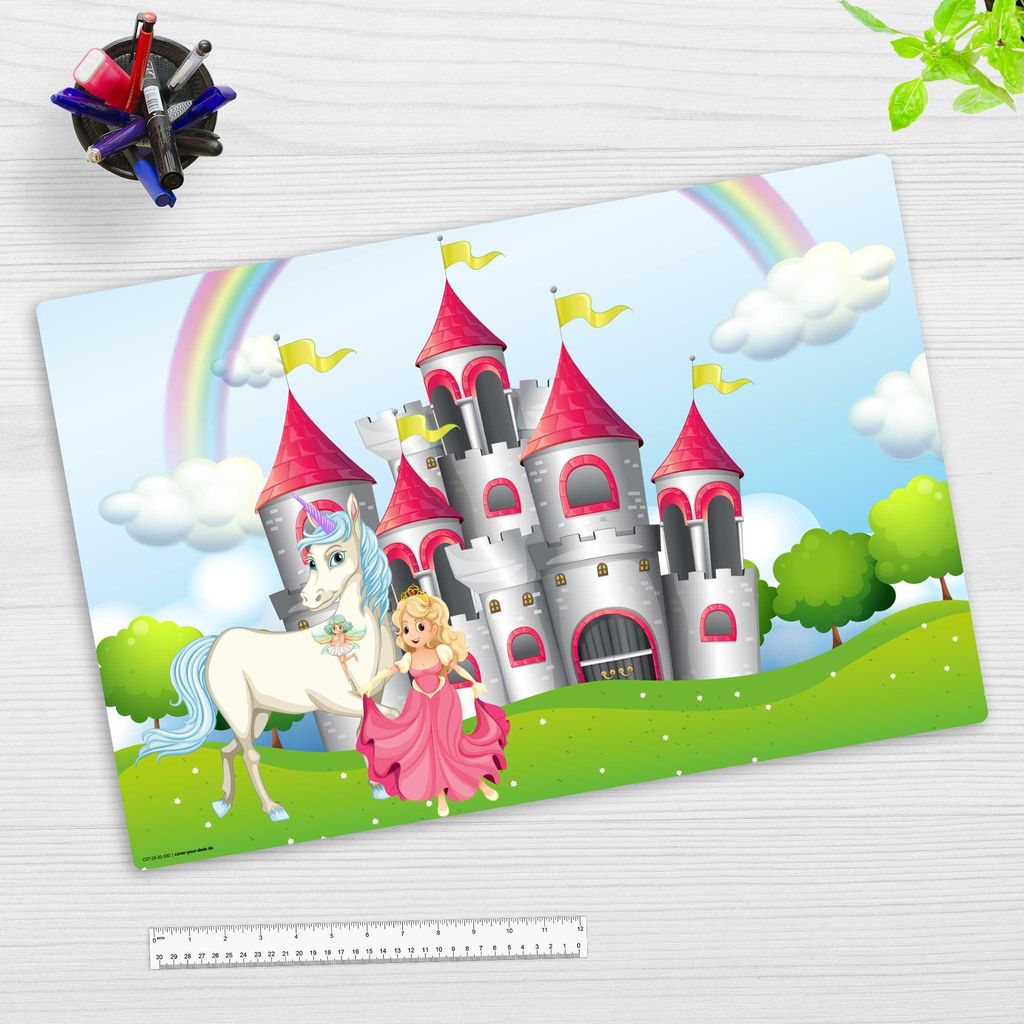 Schreibtischunterlage für Kinder – Märchenschloss mit Einhorn und Prinzessin – 60 x 40 cm – aus Premium Vinyl - Germany