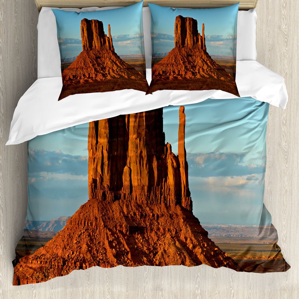 ABAKUHAUS Schlucht Bettbezug, Monument Valley Amerika, Milbensicher Allergiker geeignet mit Kissenbezügen, 155 cm x 220 cm - 80 x 80 cm, blau orange