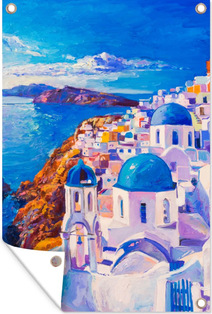 MuchoWow 80x120 cm Outdoor-Poster Gartendeko Sichtschutz Garten Poster für den Garten Malerei - Griechenland - Wasser - Öl