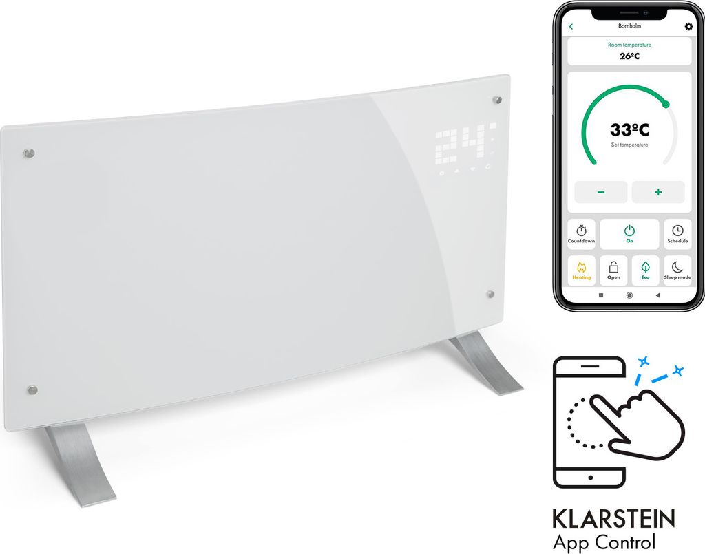 A white glass panel heater with silver legs, displayed alongside a smartphone showing a control app, and an icon indicating app control.