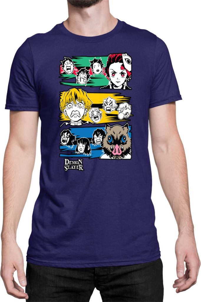 Herren T-Shirt Demon Anime Slayer Kimetsu No Yaiba Tanjiro Zenitsu Inosuke 001, Man L / Dunkelblau