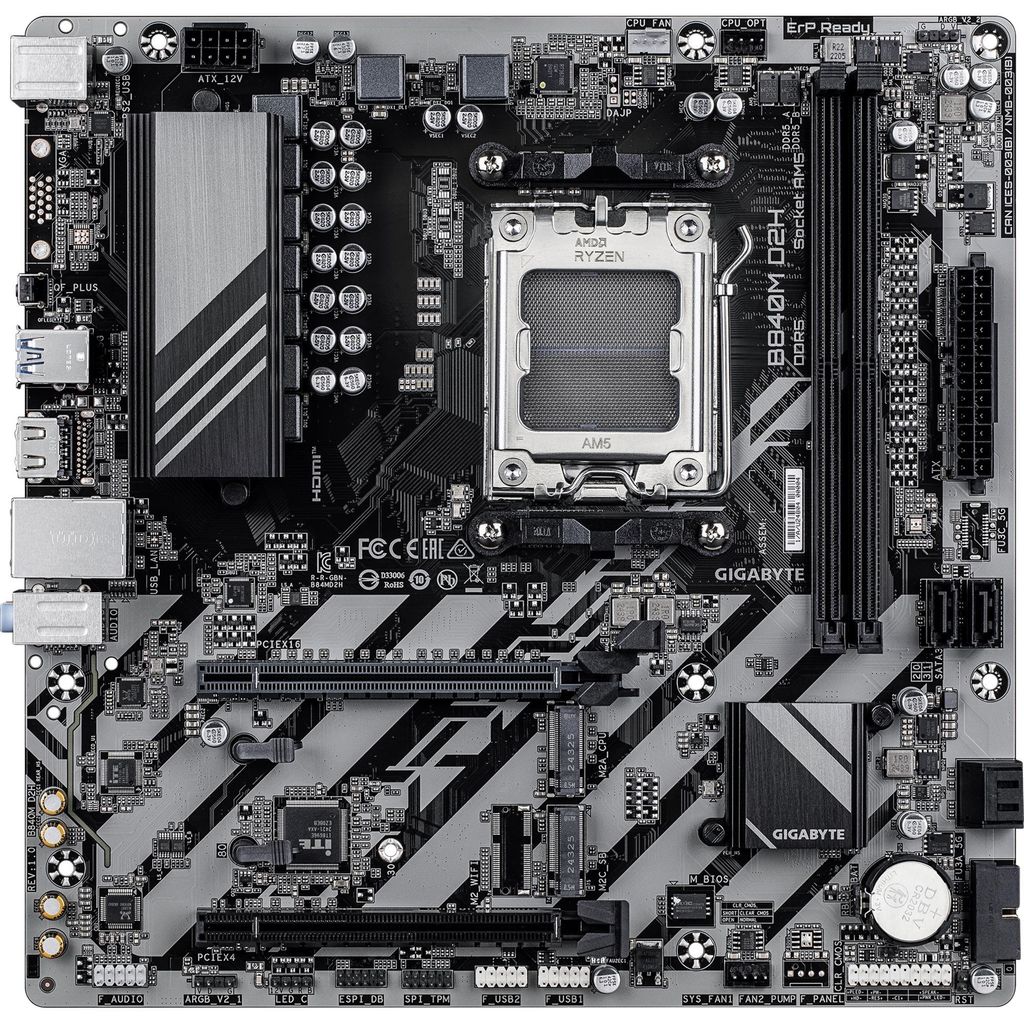 GIGABYTE B840M D2H Mainboard – AMD Ryzen 9000 CPUs, 5+2+2 Phasen VRM, bis zu 7600 MHz DDR5, 1xPCIe 4.0 + 1xPCIe 3.0 M.2, 2.5GbE LAN, USB 3.2 Gen ...