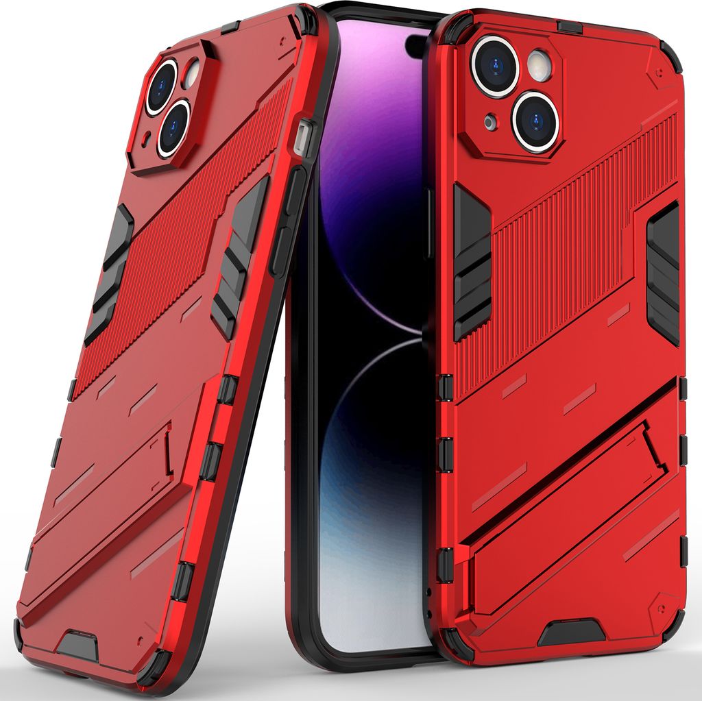 Armor Hülle für iPhone 14 Plus, Hybrid PC TPU Bumper Stoßfestes Schutzhülle mit Standfunktion Rot