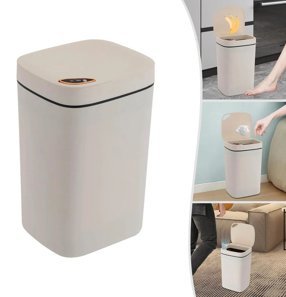 Poubelle à capteur 16L avec 3 modes d'ouverture automatique en blanc