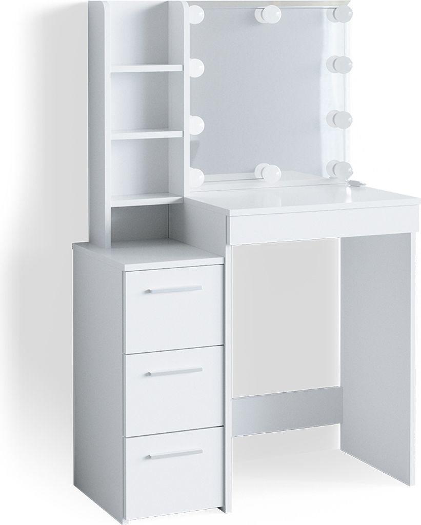 A white vanity table with a mirror and LED lights, featuring shelves and drawers.