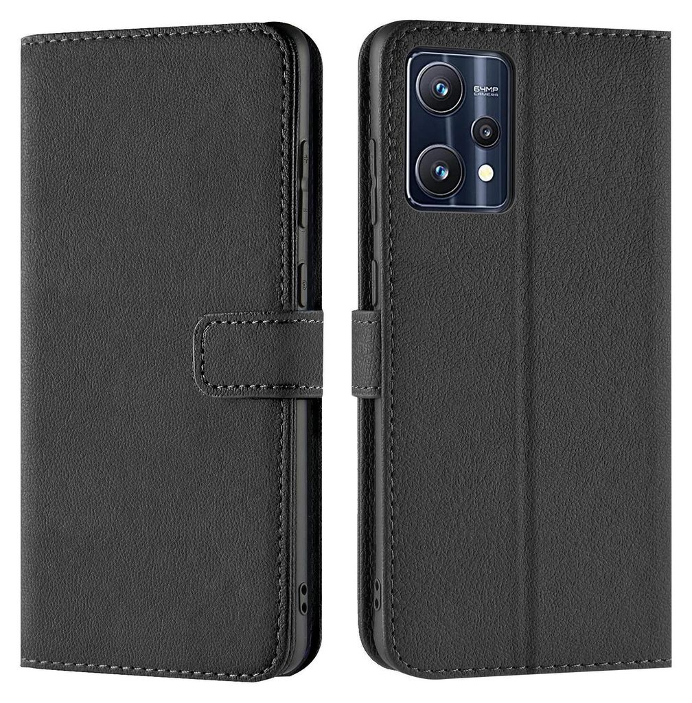 A black book-style phone case for a Realme 9 5G / Realme 9 Pro 5G is shown from the front and back.