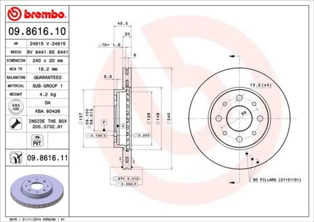 Brembo 09.8616.11 Disque de Frein OE 46788929 pour Fiat 500 et Panda