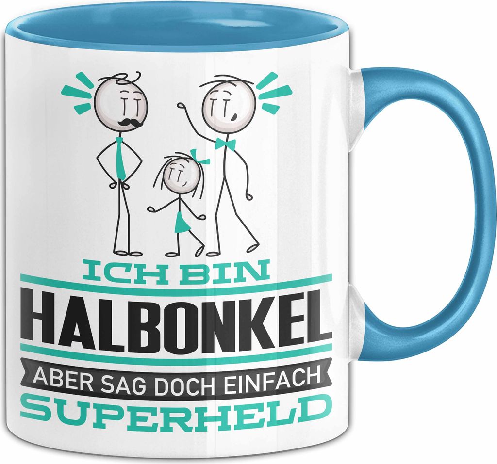 Halbonkel Geschenk Tasse Ich Bin Halbonkel Aber Sag Doch Einfach Superheld Lustige Geschenkdiee für Halbonkel Kaffee-Becher (Blau)