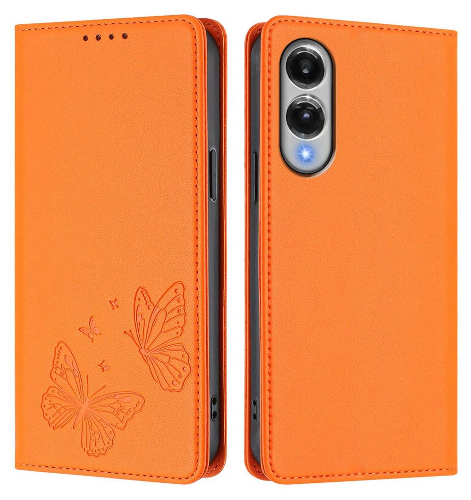 Lederhülle für Samsung Galaxy S25 Edge, Schmetterling Prägung Leder Brieftasche Schutzhülle mit Ständer Orange