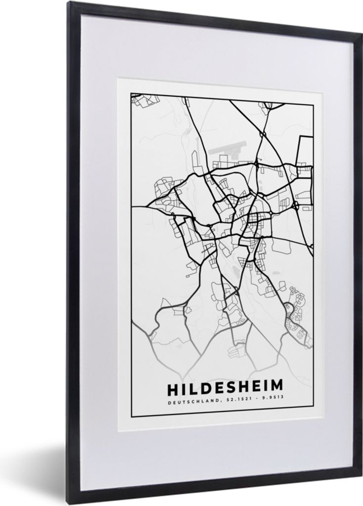 MuchoWow Gerahmtes Poster Hindesheim - Karte - Stadtplan 40x60 cm - Poster mit Schwarzem Bilderrahmen Wandposter Rahmen Foto Bilder - Poster in R...