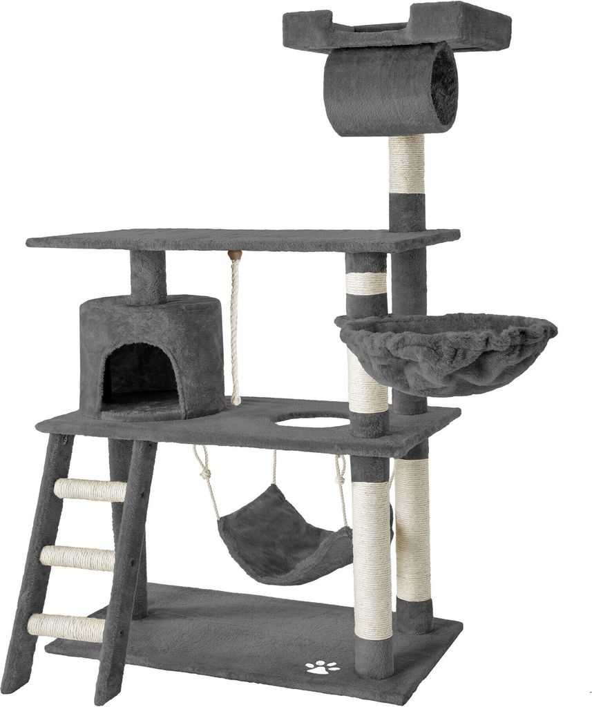 A multi-level cat tree with various platforms, a hammock, a tunnel, and a ladder, all in gray.