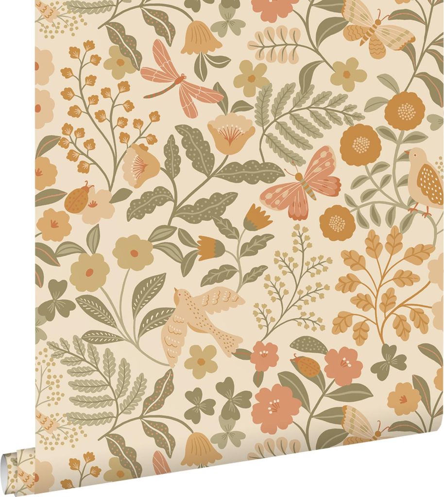 ESTAhome Tapete Blumen und Vögel Orange und Graugrün 53 cm x 10.05 m