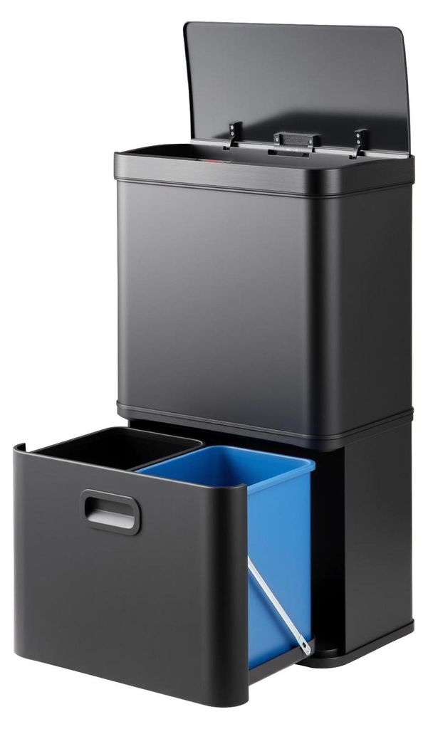A black, multi-compartment trash can with a blue inner bin is shown against a white background.