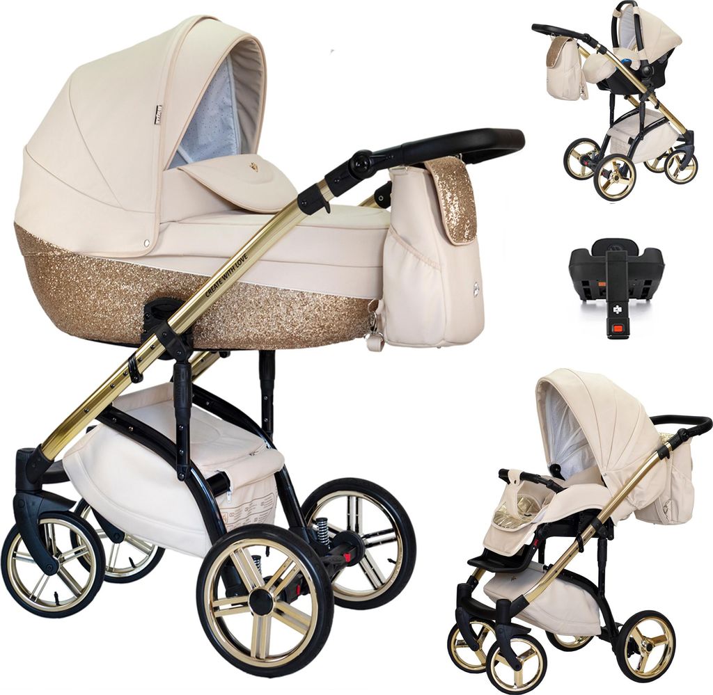 Kinderwagen-Set Vip Lux 5 in 1 inkl. Sportsitz, Autositz, Iso Base und umfangreichem Zubehör in Farbe Jasmin - in 21 Farben erhältlich