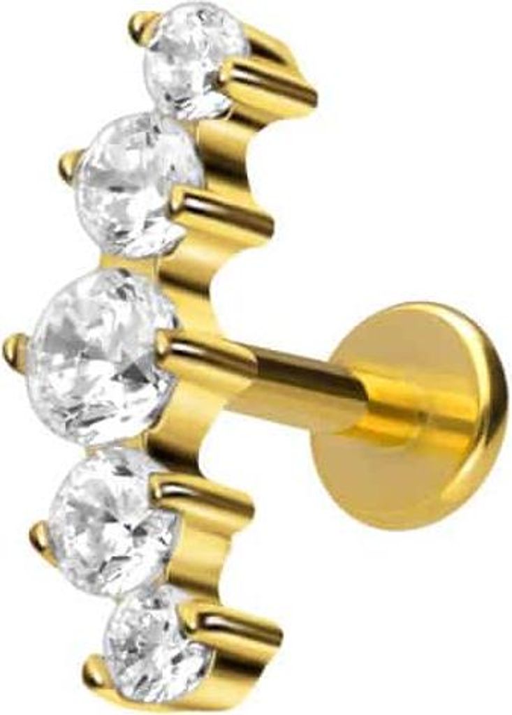 Ohrpiercing, Nasenpiercing Titan Labret mit Innengewinde 5 EINGEFASSTE KRISTALLE Gold Stablänge: 7mm | Stabstärke: 1,2mm