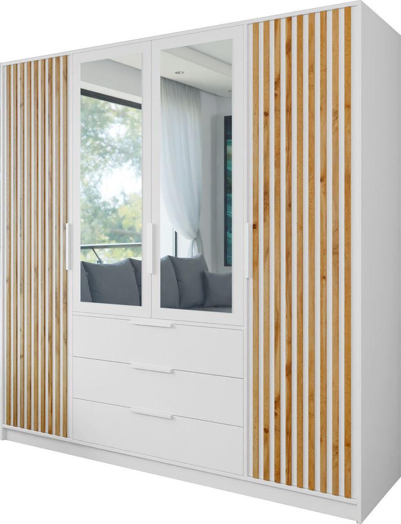 Furniture24 Kleiderschrank Bali D4 Lux Schlafzimmer 4 Türiger Drehtürenschrank 3 Schubkästen Schrank 1 Kleiderstange 5 Einlegeboden Spiegel Wota...