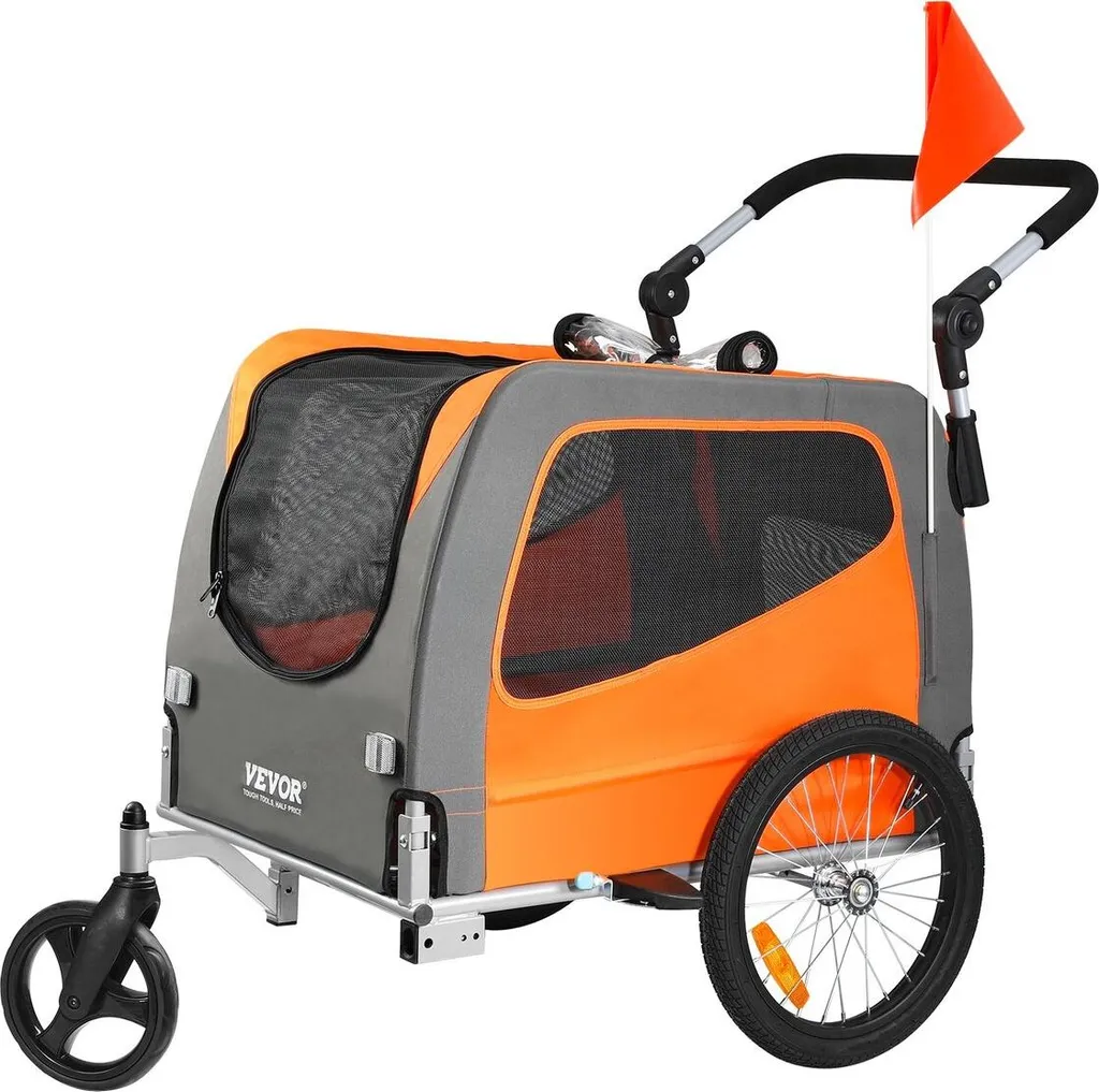 Remorque vélo pour chien 30kg - Poussette 2 en 1 pliable orange et gris