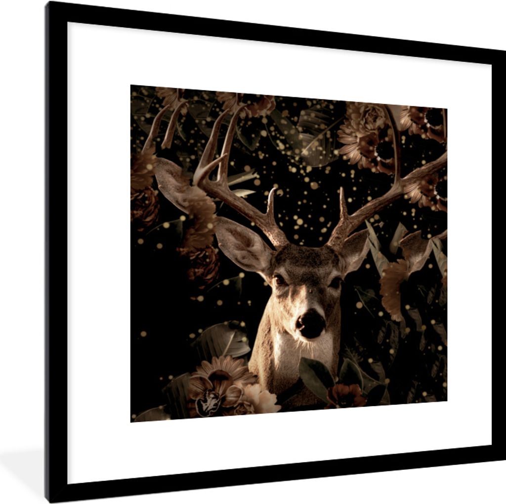 MuchoWow MuchoWow Gerahmtes Poster Hirsche - Blumen - Licht - Botanisch 40x40 cm - Poster mit zchwarzem Bilderrahmen - Poster - Plakat im Rahmen