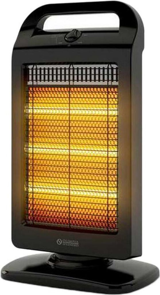 A black infrared heater with glowing heating elements.