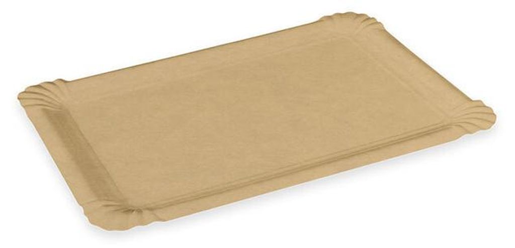 A single brown paper tray is shown from a slightly elevated diagonal angle.