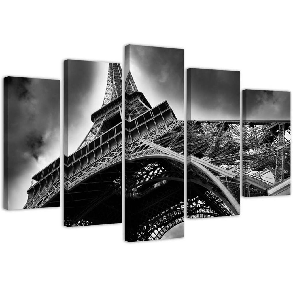 5-teiliges leinwandbild eiffelturm in den wolken 150x100 cm Feeby grau wandbild bereit zum aufhängen