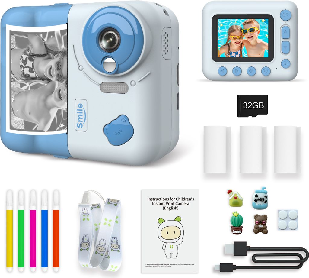 Sofortbildkamera fuer Kinder, Kinderkamera 1080P, Digitalkamera fuer Kinder, 2,4-Zoll-IPS-Bildschirm, 10-facher Zoom, eingebauter Akku, mit Thermod...