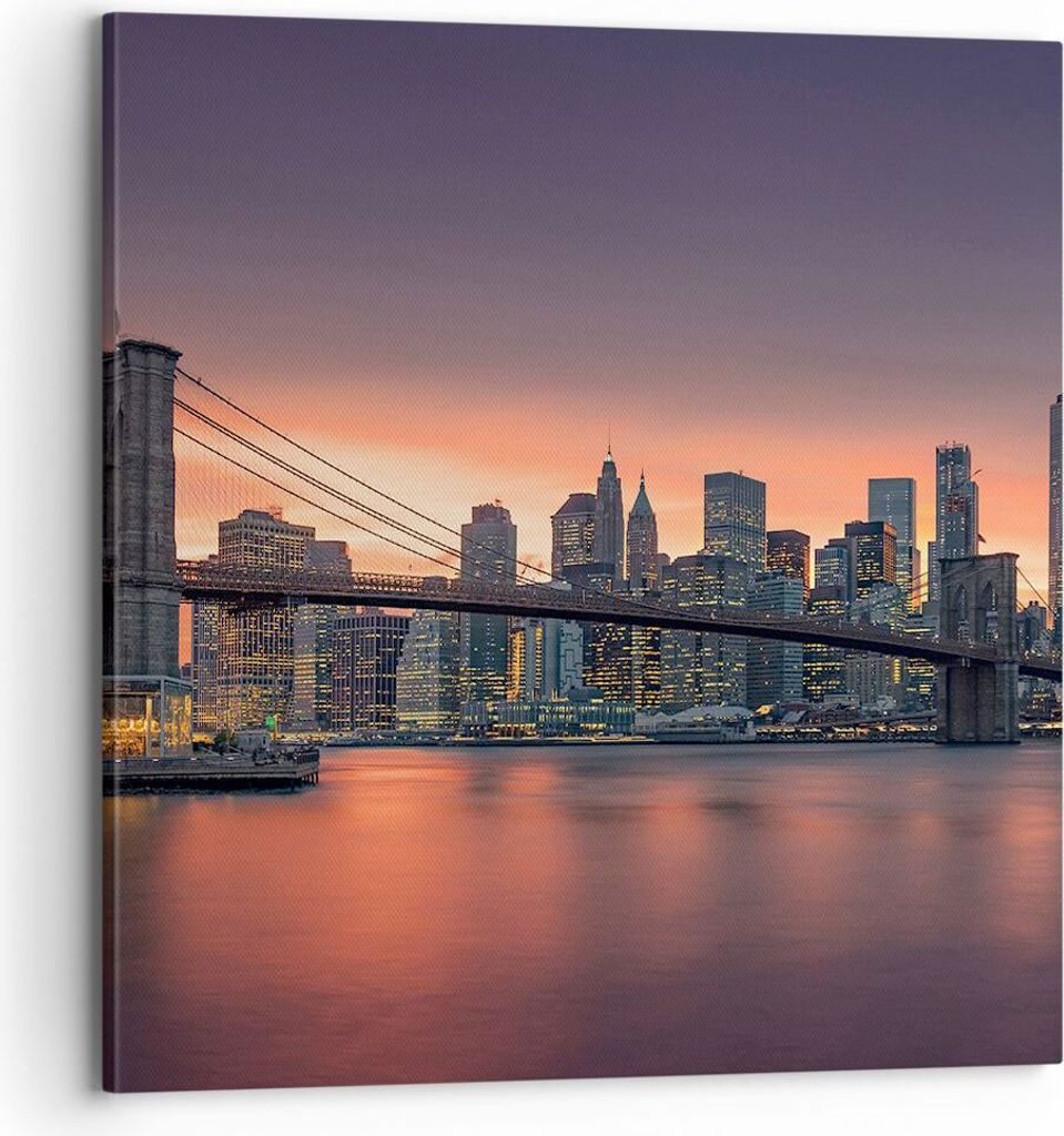 Bild auf Leinwand - Leinwandbild - New York Brücke Nacht - 70x70cm - Wand Bild - Wanddeko - Leinwanddruck - Bilder - Kunstdruck - Wanddekoration -...